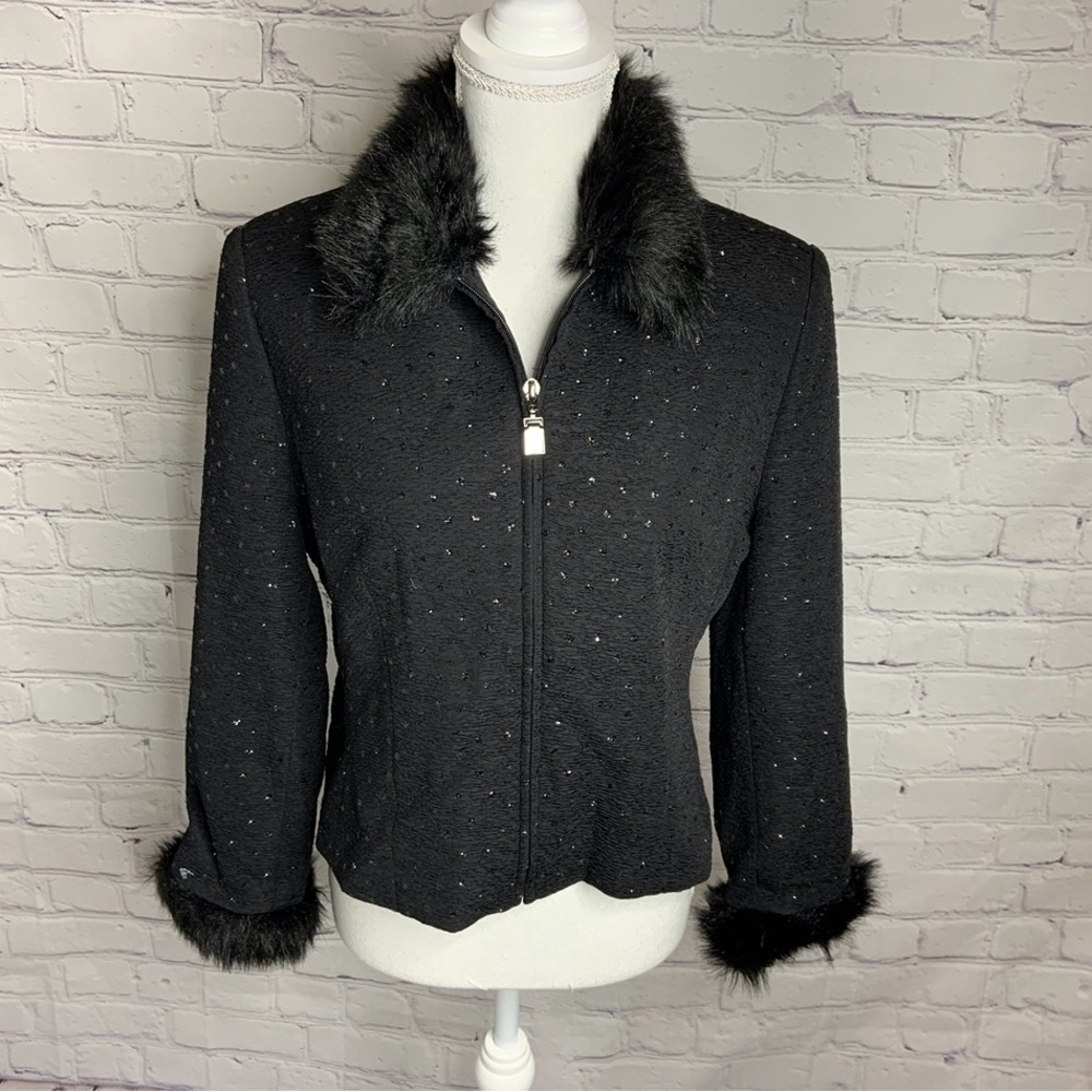 BIANCA NYGARD Vintage Black Faux Fur Trim Blazer 8